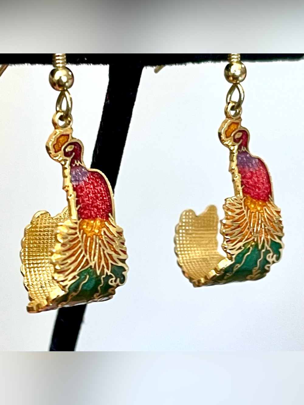 Vintage Cloisonné Bird of Paradise Earrings Colorful Tropical Enamel Gold Tone